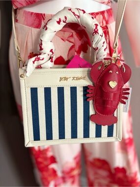 Betsey Johnson XOLUCY Navy Multi Striped Satchel Crossbody Bag NWT Lobster Charm